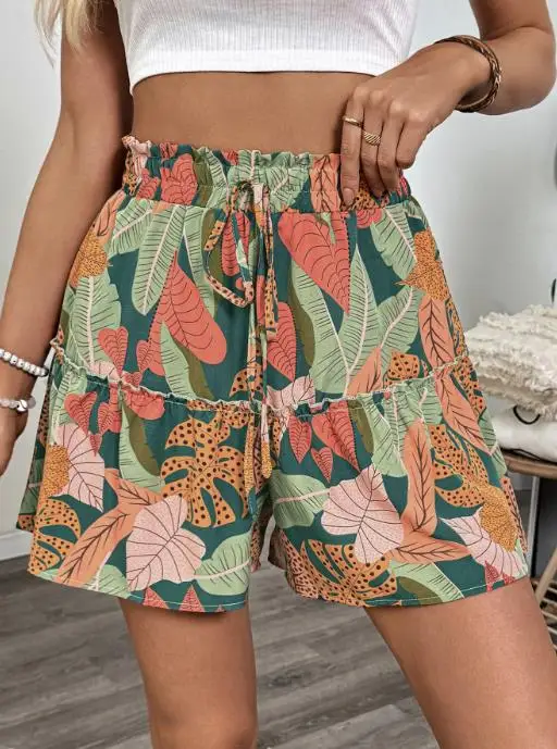 

2025 Women's Elegant and Casual Wide Leg Loose Shorts Tropical Plant Vacation Printed Pants Summer New Elastic High Waisted
