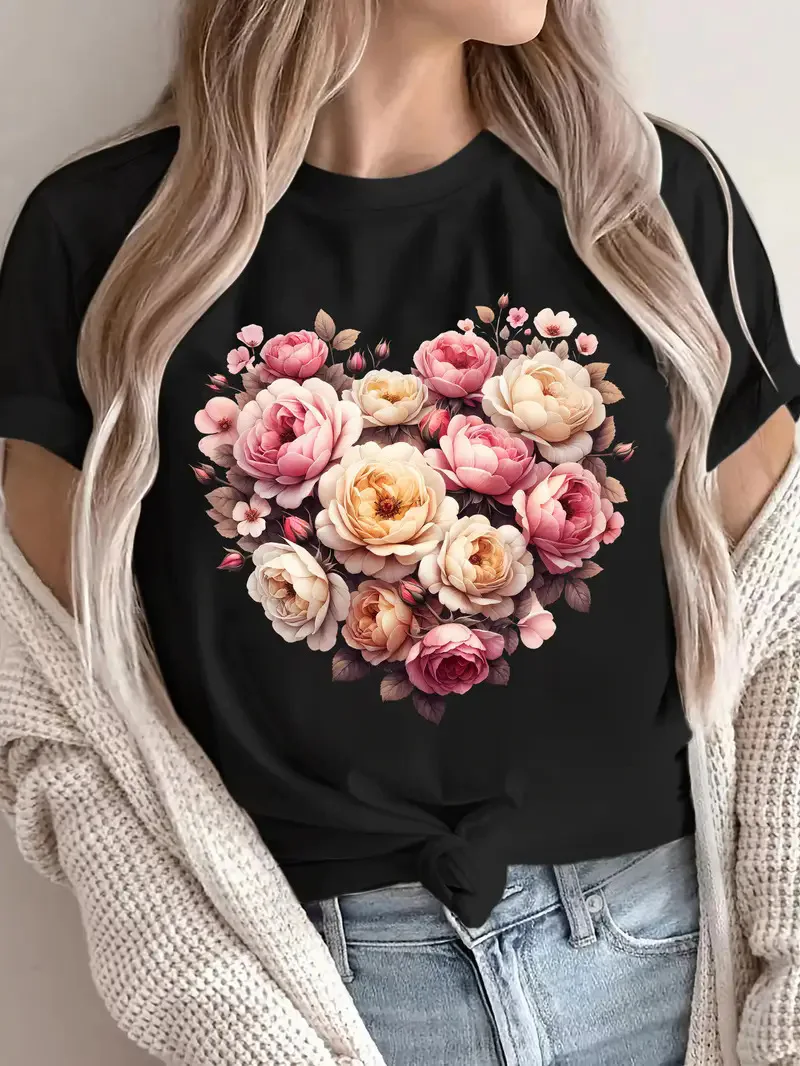 

Cotton 100% European and American Plant Flower Heart-shaped Printed Round-neck Short-sleeved T-shirt for Women's Wear Harajuku