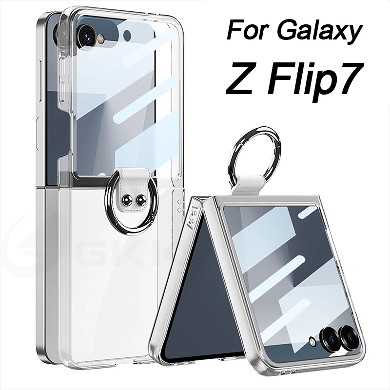 Transparent Outer Screen Glass Case for Samsung Galaxy Z Flip 7 Ring Holder Ultra-thin Clear Hard Cover for Galaxy Z Flip7 Case
