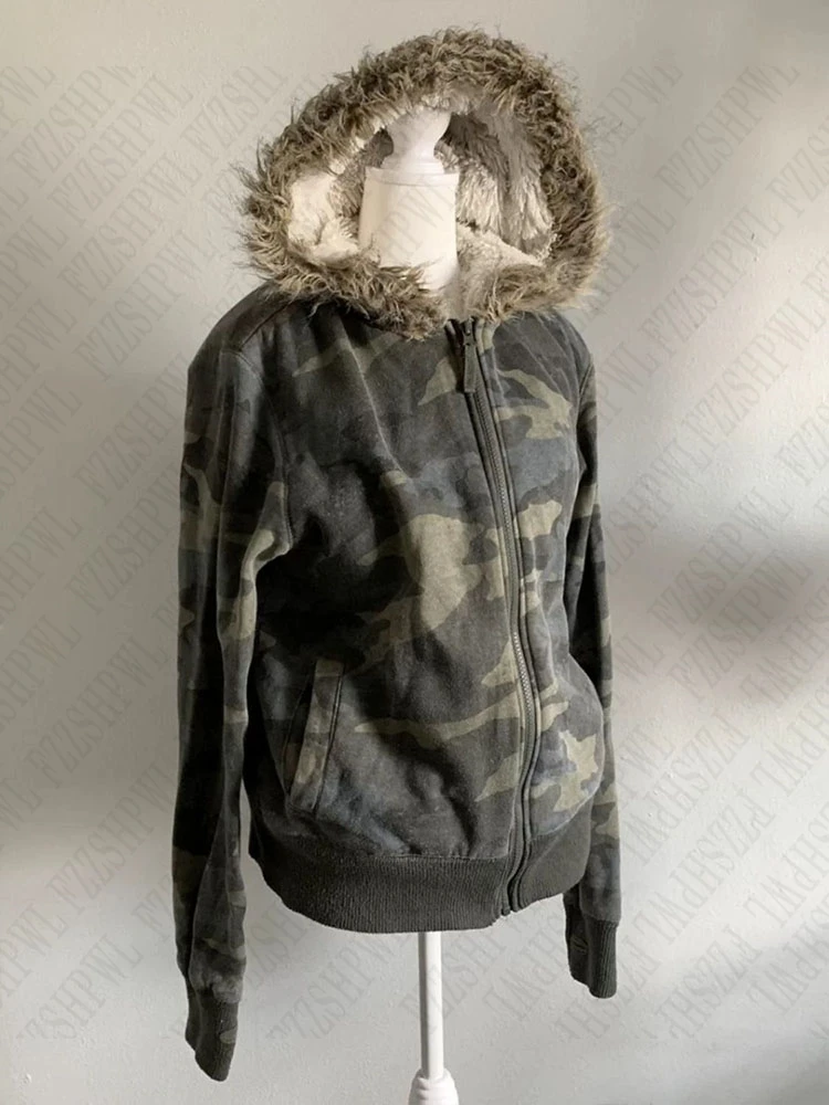 Camouflage pattern plush lining Hoodie rock aesthetic 90S top fashion high street retro grunge punk hip hops silm women's Hoodie