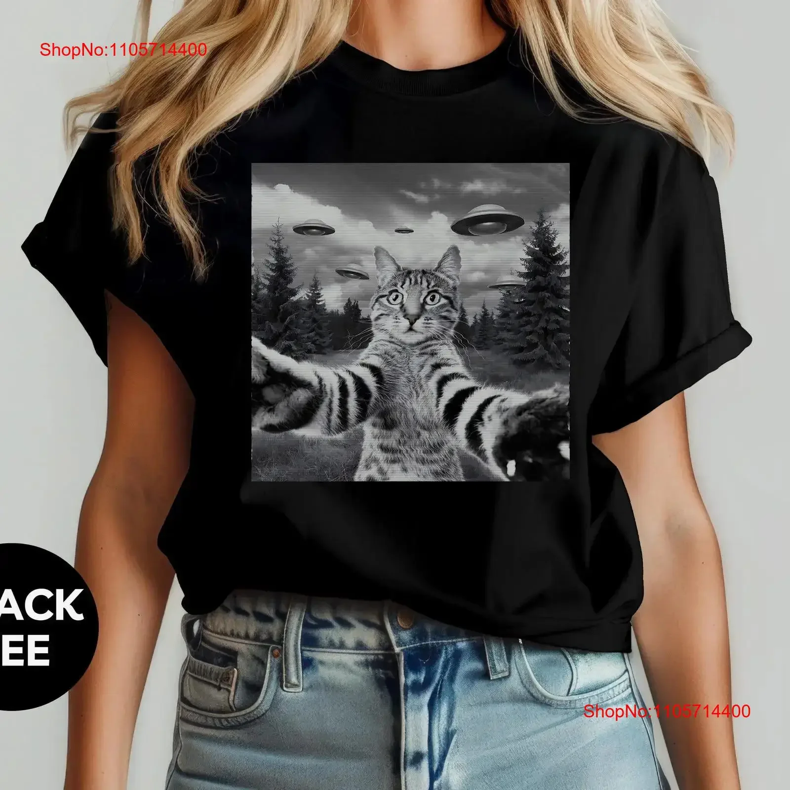 Funny Cat UFO Selfie T Shirt Cool Animal Lover Oddly Specific Alien Invasion vintage Washed Casual Versatile graphic Stylish