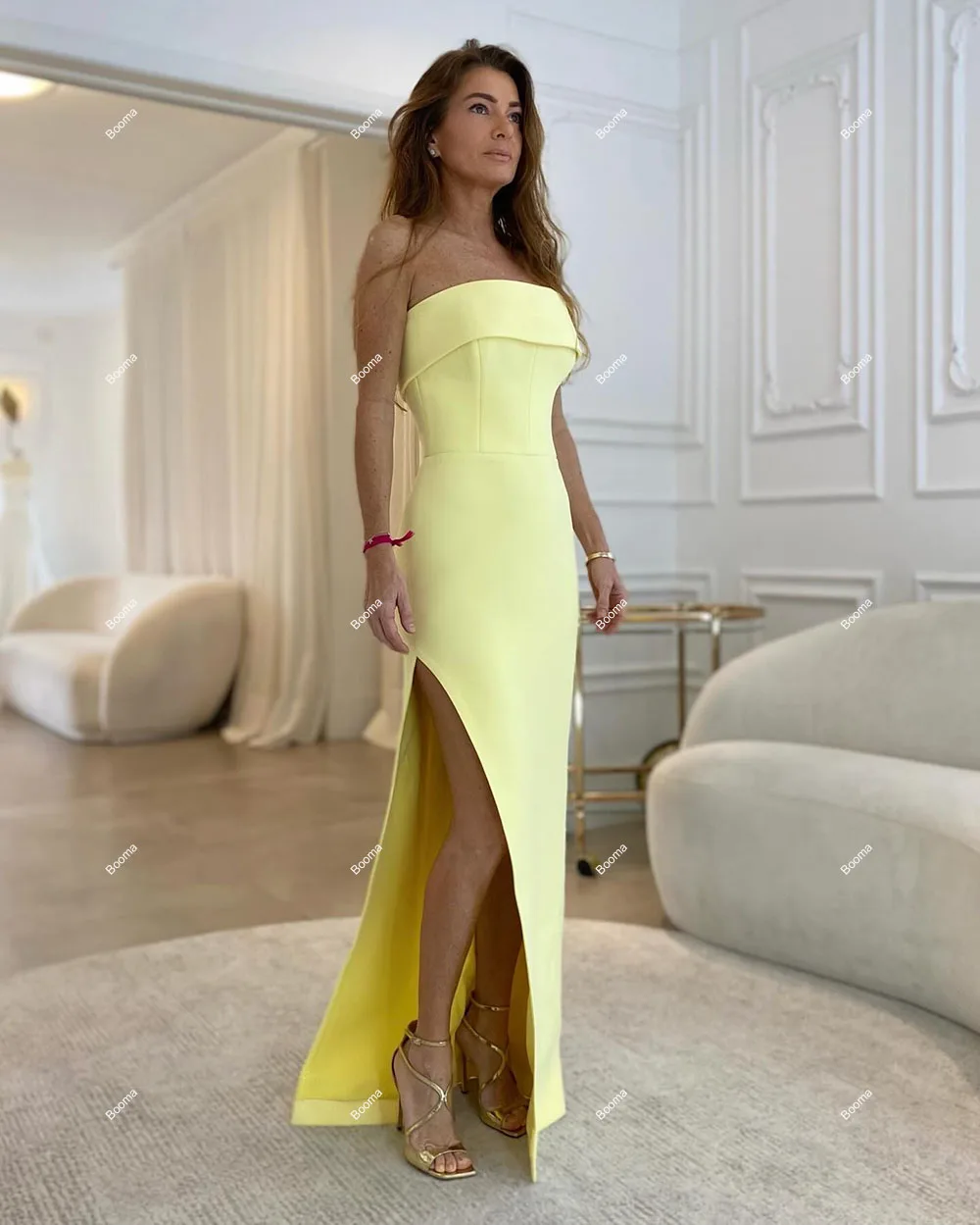 Booma Yellow Straight Evening Dresses for Women, Strapless Stain Formal Occasion Dresses, High Side Slit, Long Party Prom Gowns