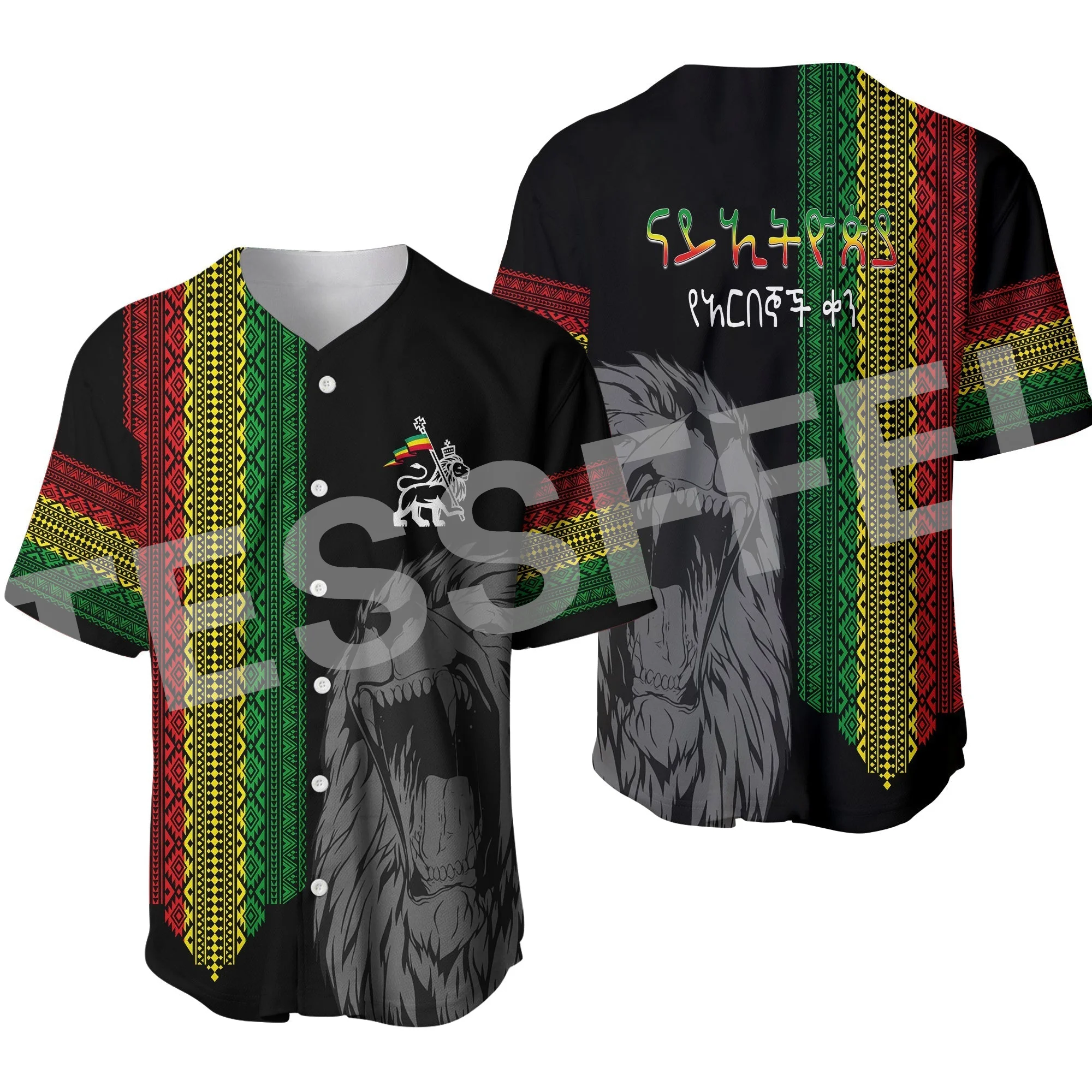 Africa County Flag Ethiopia Rasta Reggae Lion Tattoo 3DPrint Summer Harajuku Casual Funny Baseball Jersey Shirts Short Sleeves A