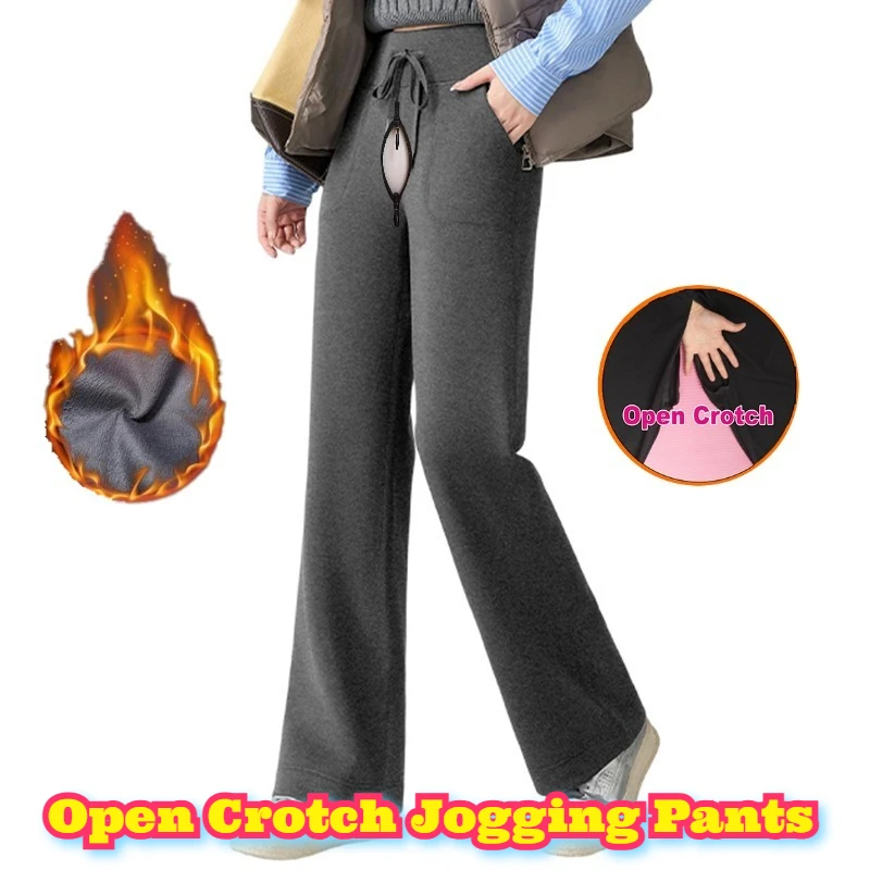 

Open Crotch Thermal Winter Pants Women Fleece Lined Cozy Warm Soft Lounge Wear Wide Leg Straight Drapey Trousers Stretch Workout