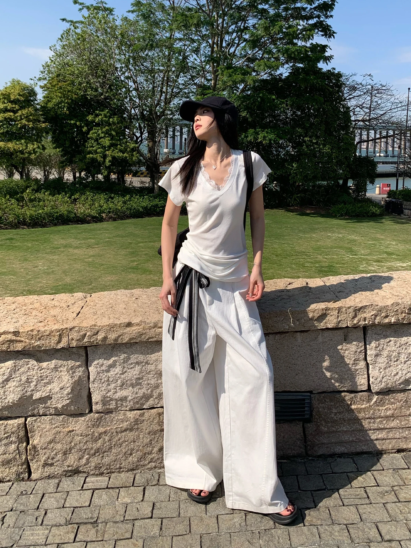 

Белые прямые повседневные брюки для женщин с высокой талией, свободного кроя, летние, новый стиль, универсальные широкие брюки Sòngzhèngēn