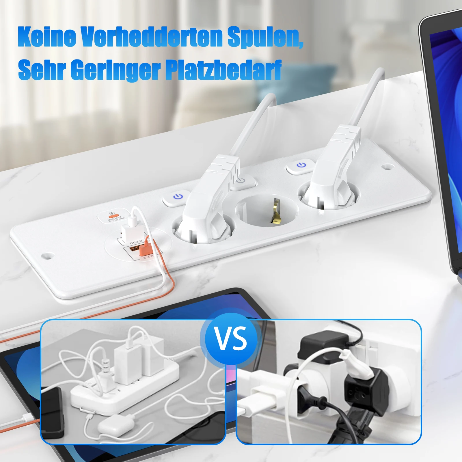 EU Plug Table Recessed Socket Power Strip with Individual Switches, Bulit in socket with 2 USB A 2 USB C Etractable Outlet