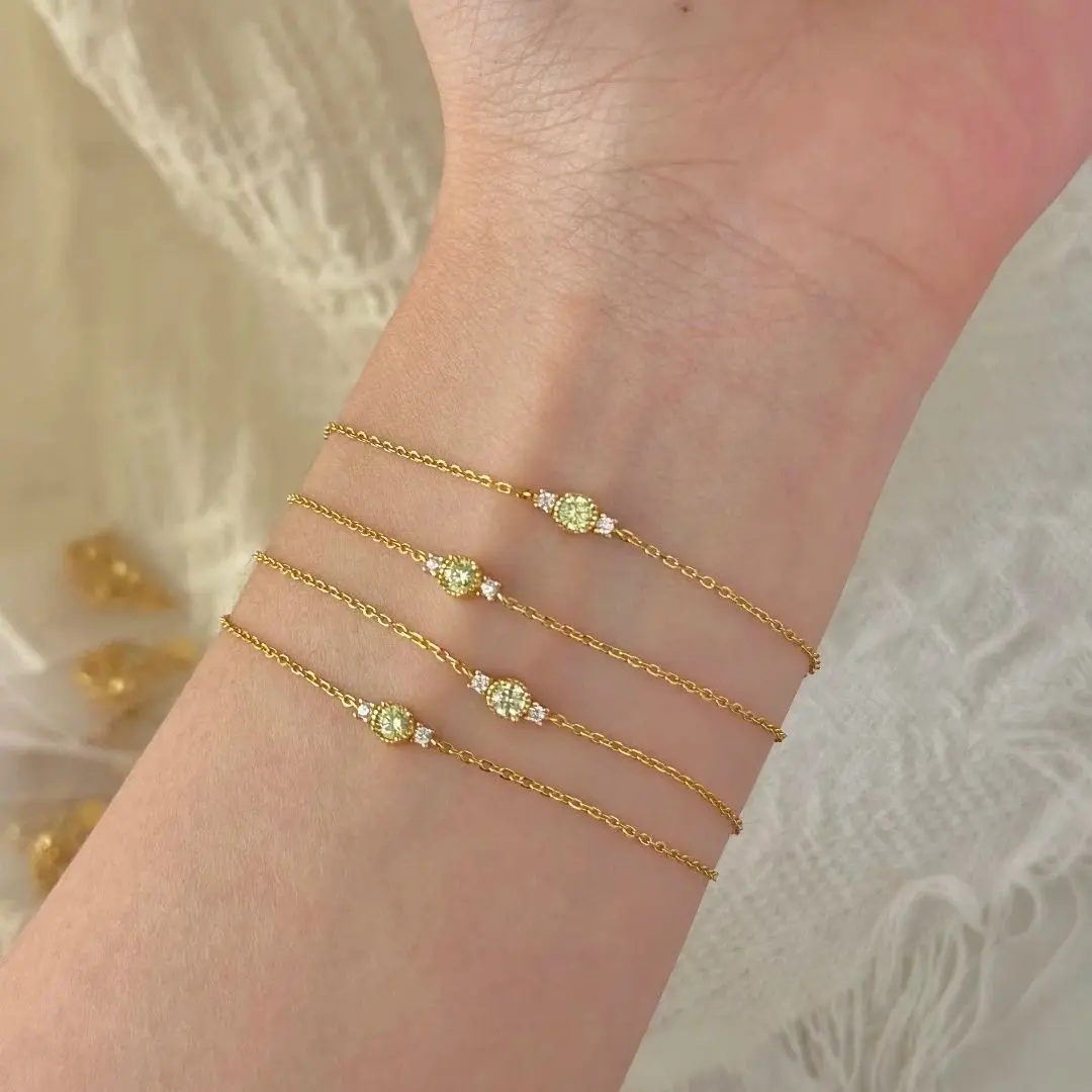 925 Sterling Silver Plating14K Gold Olive Green Zircon Bracelet for Women Minimalist Thin Chain Delicate Stackable Hand Jewelry view 5