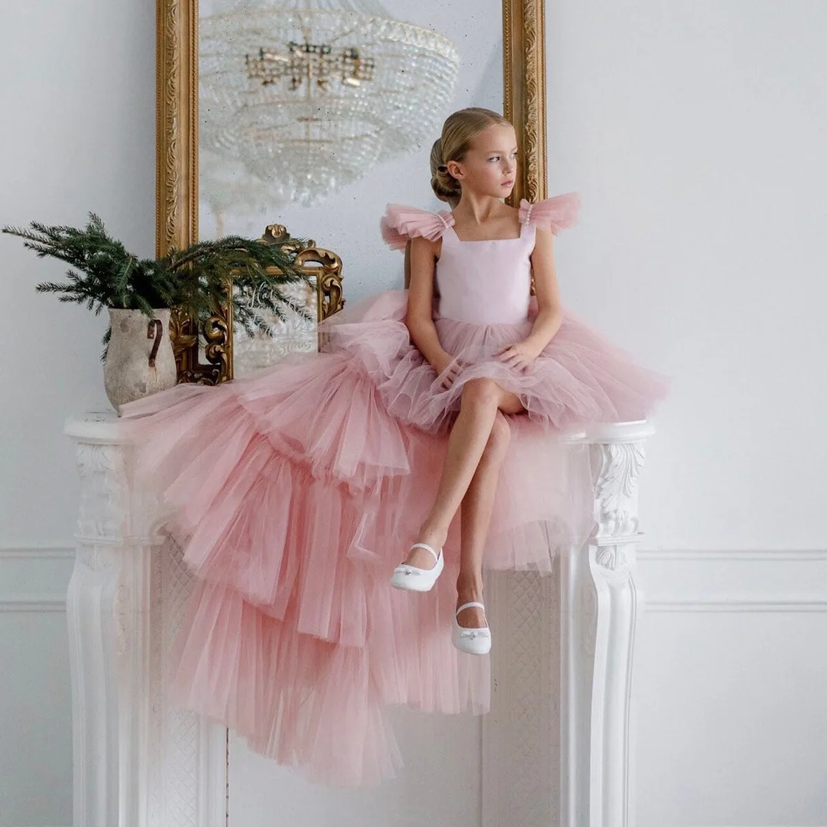Girl Princess Dress Tulle Trailing Wedding Bridesmaid Festive Dress For Girl Elegant Graduation Ceremony Birthday Ball Gown