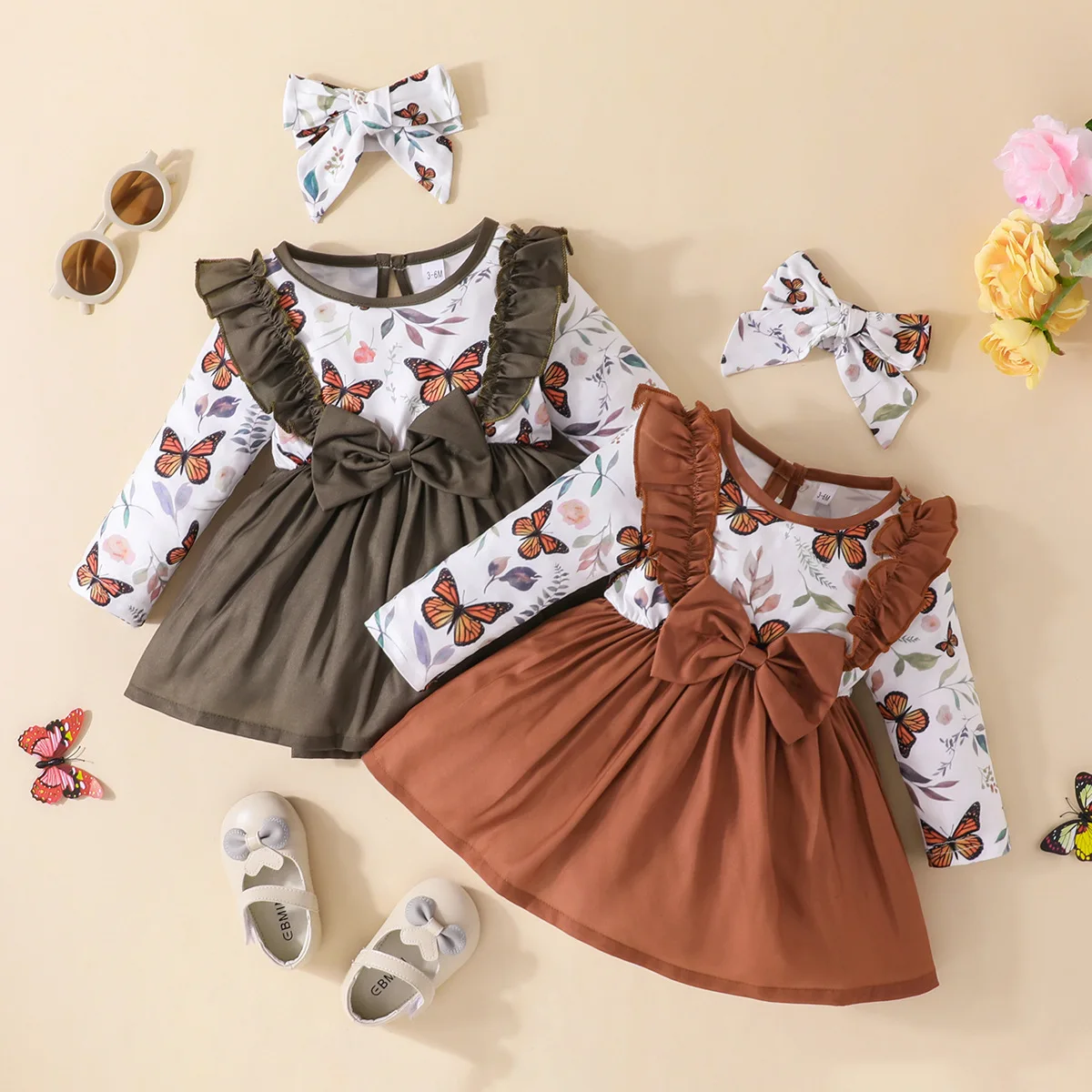 

Laura Kors 2023 New Winter New Arrivals Girls Dress Long Sleeve Ruffles Print Butterfly Brown Sweet Baby Dress Vestidos 0-2T