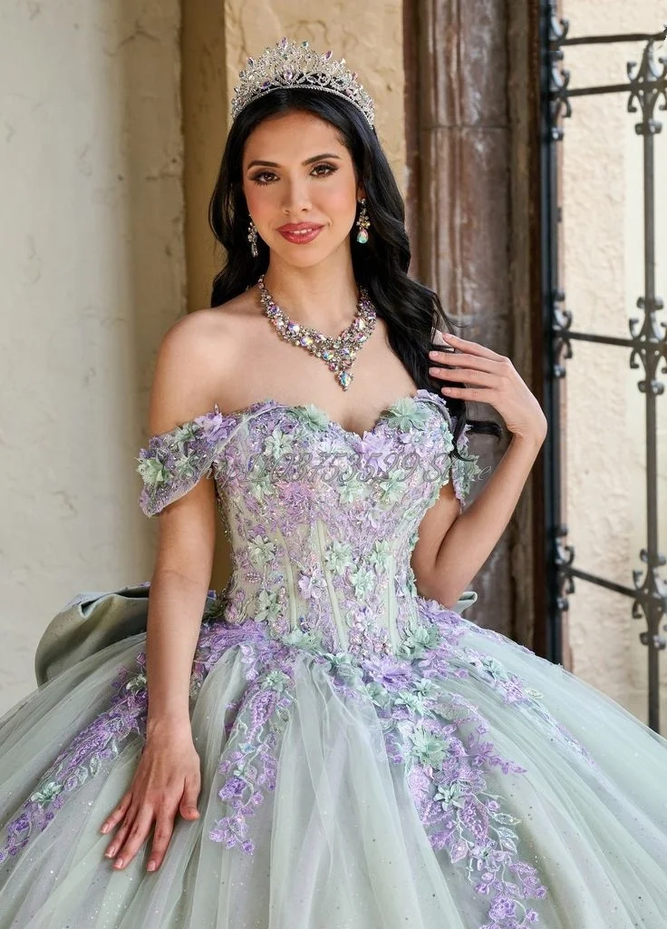 Pale Green Sheath Princess Quinceanera Dresses2024 Delicate Applique Lace 3D Floral Bow Tie Tulle Sequins Vestido De Festa