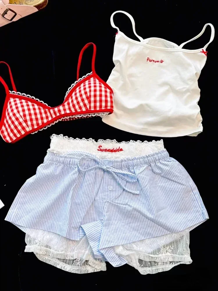 Summer Casual Lace Slim 4 Piece Set Women Fashion Y2k Elastic V Neck Sling Plaid Top Female + Elastic Waist Bow Short Pants 2024