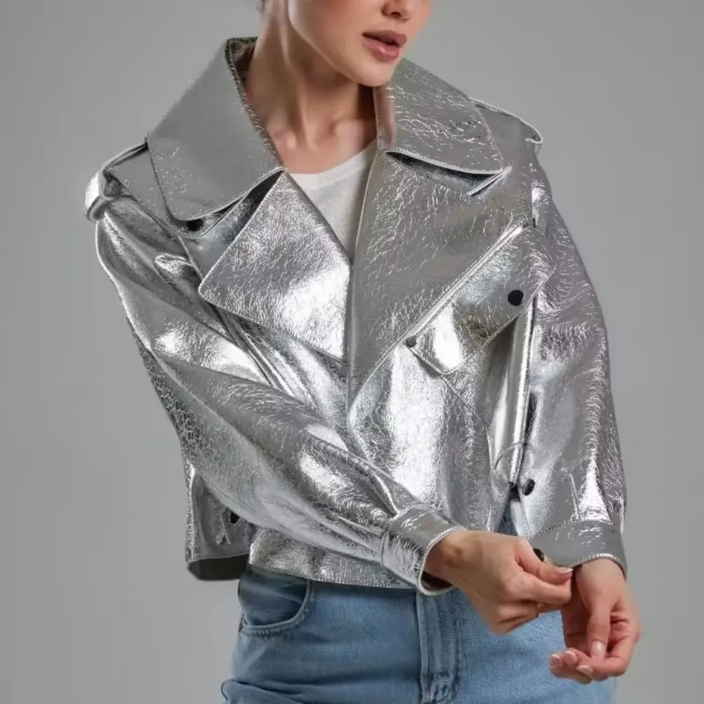 

Women's Silver Lapel Short PU Leather Jacket Elegant Retro Fashion Autumn New European American Style