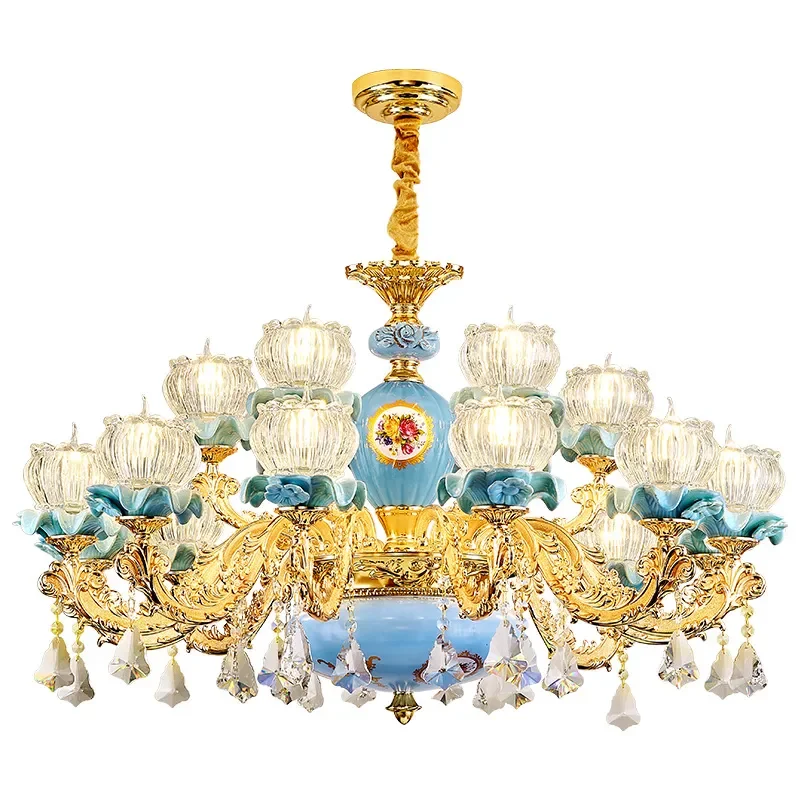 European Retro Ceramic Crystal Chandelier Luxury Pendant Light for Living Room Villa Home Decor Atmosphere Lighting Fixture