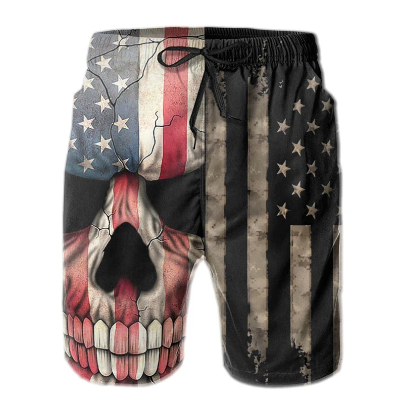 Pantalones cortos con estampado 3d de bandera para hombre, pantalones cortos de playa de secado rápido con diseño de pistola, ropa deportiva informal con calavera fresca para correr en verano, pantalones cortos