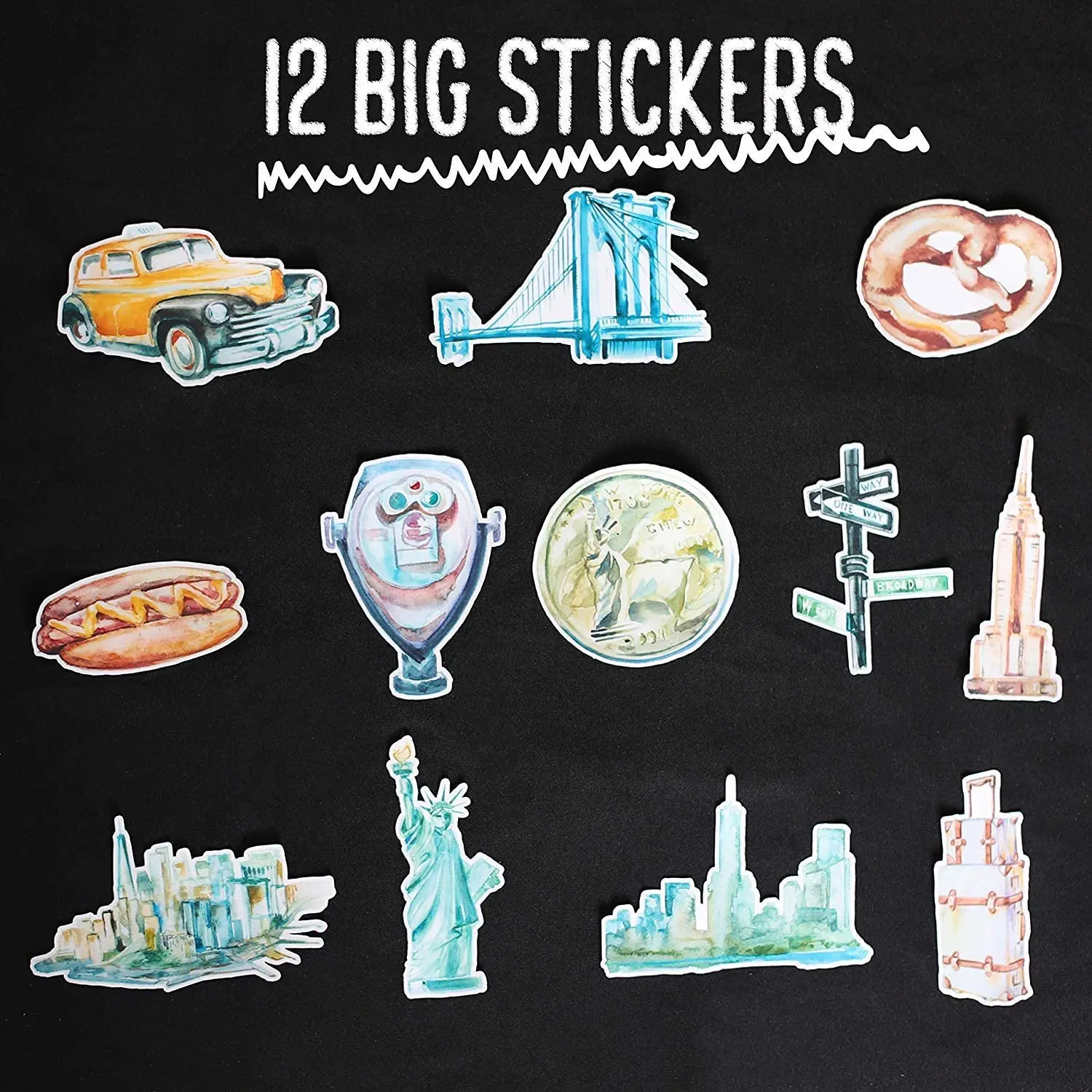 Pack of 12 Watercolor New York Themed Travel Stickers - Big Aesthetic Travel Decals for Water Bottles, Laptop, Scrapbook