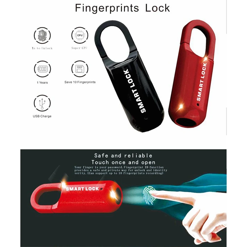 Fingerprint Lock Smart Padlock Suitcase Gym Locker Lock USB Rechargeable Mini Security Lock For Outdoor Travel Retail