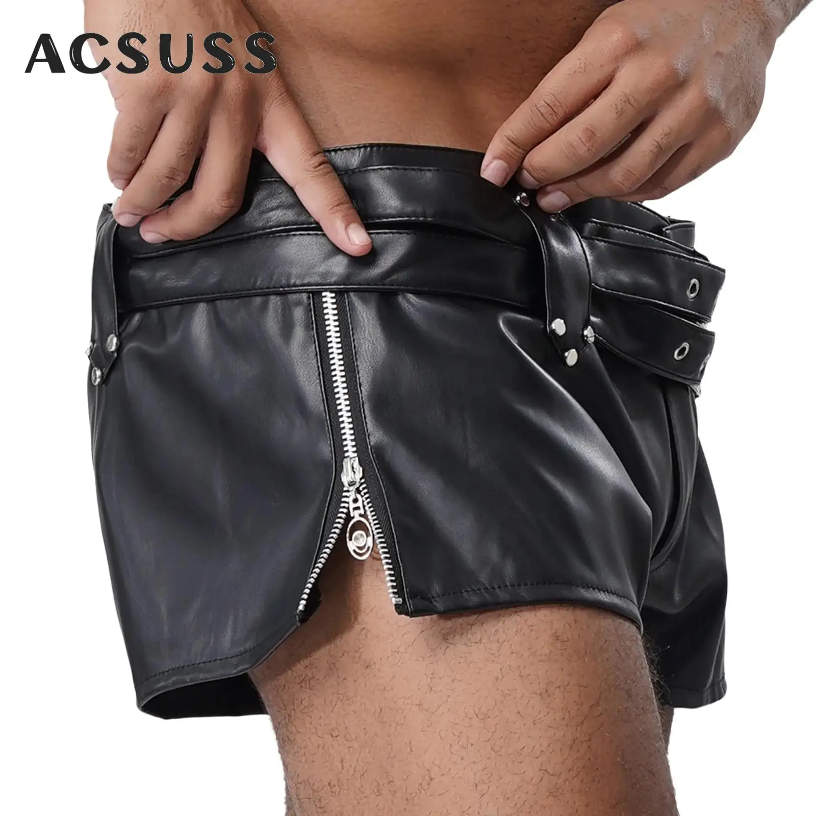

Mens PU Leather Hot Pants Adjustable Double Belts Low Rise Zipper Booty Shorts for Nightclub Music Festival Raves Party Dance