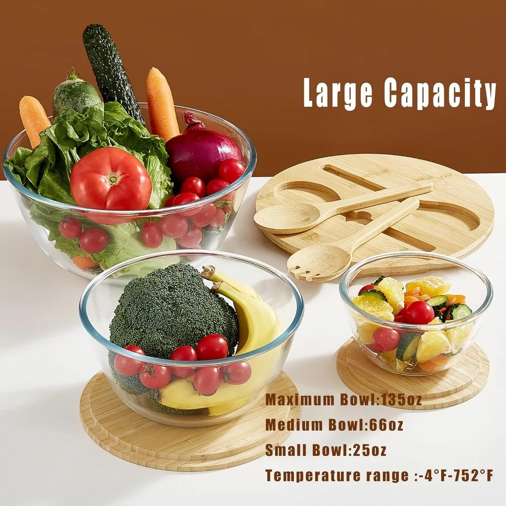 

3-Piece Glass Salad Bowls Set with Bamboo Lids & Utensils, Large Capacity Microwave Safe Mixing Bowls for Kitchen
