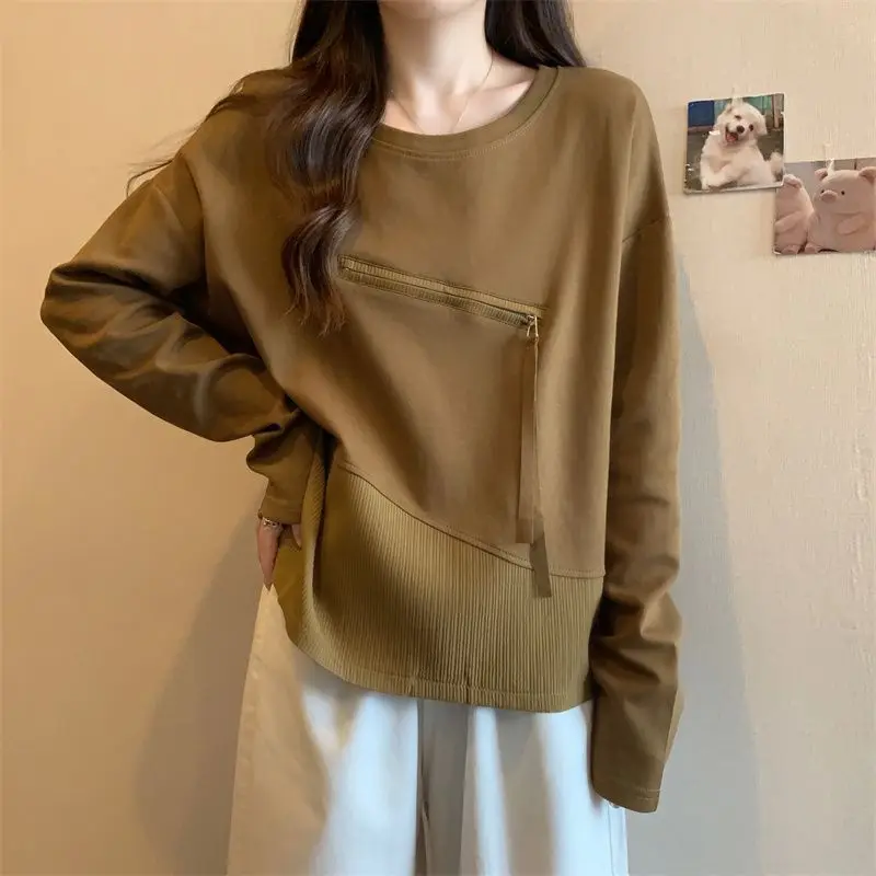 Casual Patchwork Asymmetrical Pullovers Female Clothing Commute Round Neck 2024 Spring Autumn Stylish Zipper Solid Color T-shirt