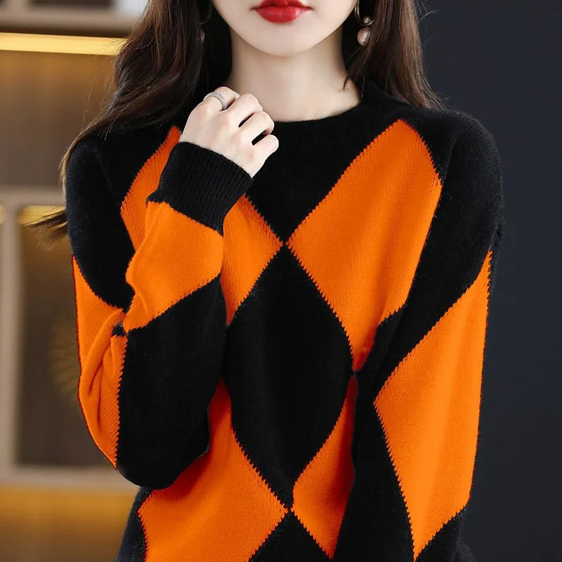 

Autumn And Winter Fashion Round Neck Pullover Contrast Color Sweater Loose Sweater Female Loose Joker Commuter Bottoming Shirt