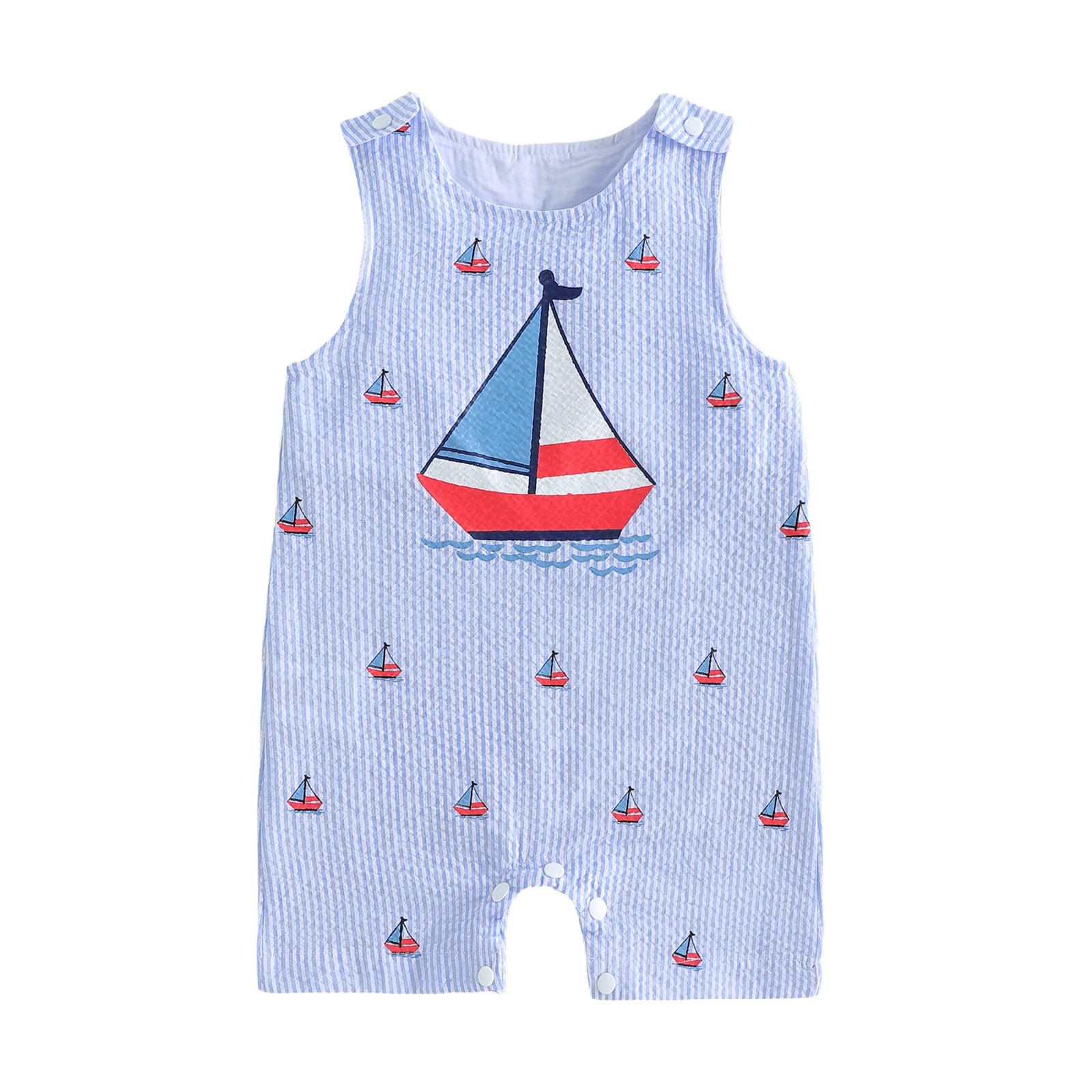 

Летний комбинезон для маленьких мальчиков, модный полосатый комбинезон без рукавов с вышивкой в ​​виде парусника