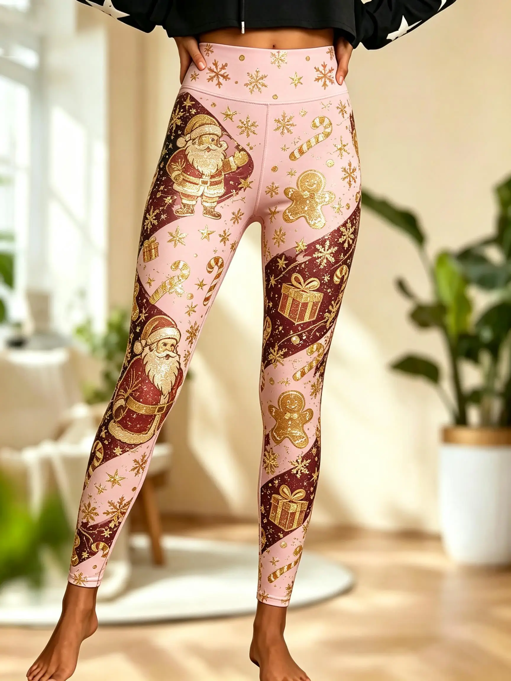 Women Mid Waist Fleece Lined Leggings Christmas Santa Gingerbread Man Gift Candy Cane Print Slim Stretch Holiday Trousers