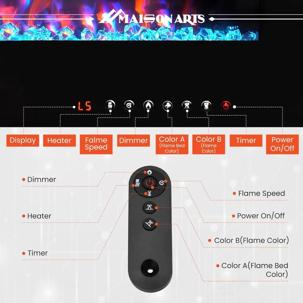 72-calowy kominek elektryczny do montażu na ścianie i wpuszczany w pomieszczeniach, z pilotem i ekranem dotykowym, 8-godzinnym timerem, kominkami