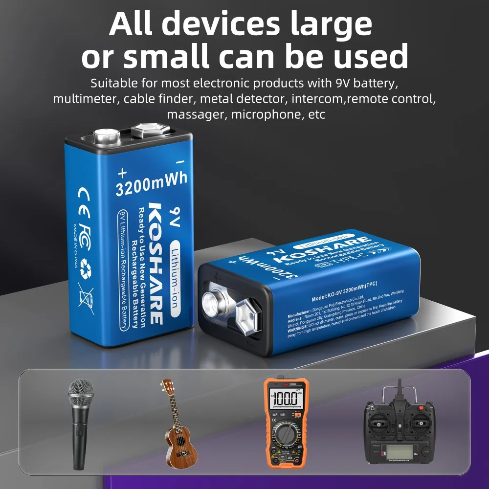 

KOSHARE 9V Lithium ion Rechargeable Battery 3200mWh High Capacity for Guitar Microphone Smoke Detector Pedal with Type-C Cable