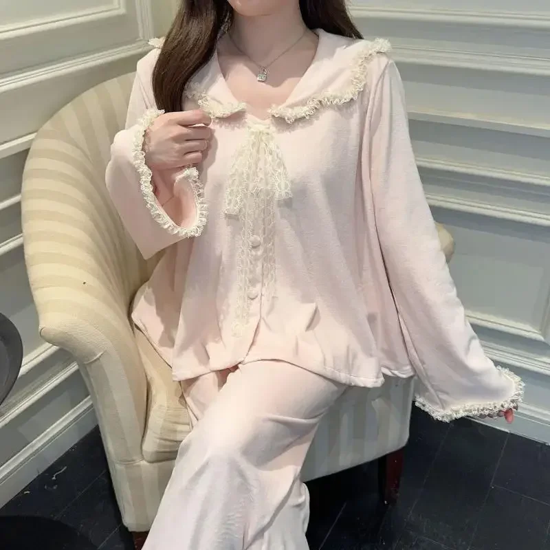 

Теплый островной бархатный пижамный костюм, 2 шт., ночное белье, домашняя одежда в стиле принцессы, женская милая одежда для дома с кружевной отделкой, топ и брюки, одежда для дома