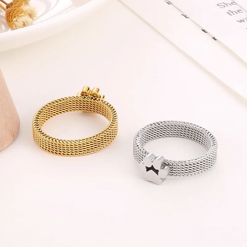 Fashion Stainless Steel Ring Women Cat\'s Paw Korea Mesh Link Chain Ring\'s For Women\'s Lucky Wedding Bands Christmas Jewelry