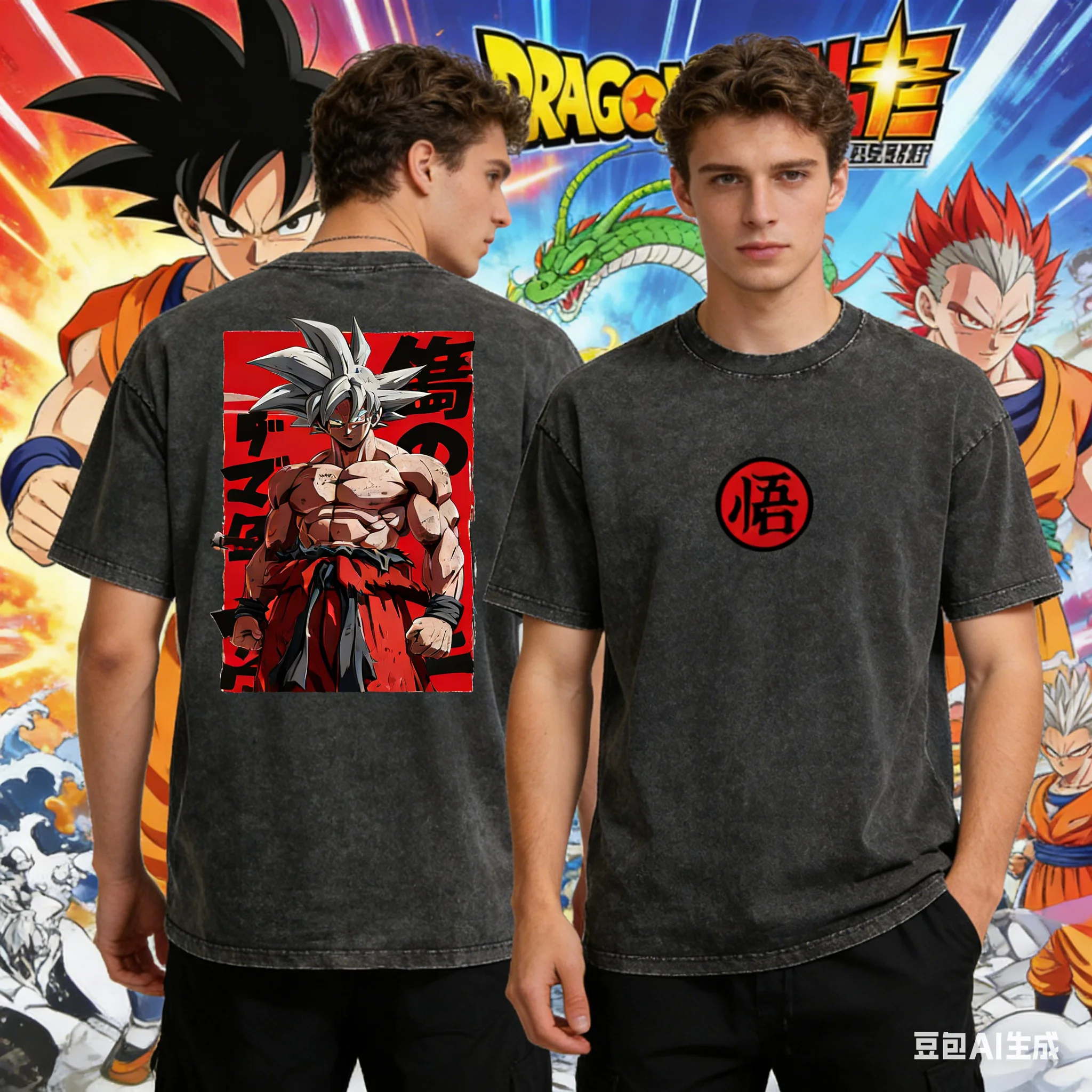 Camiseta de Algodón Lavado Oversize Unisex de Manga Corta con Estampado Vintage del Póster Rojo de Goku Ultra Instinto de Dragon Ball 2026 - Top de Anime