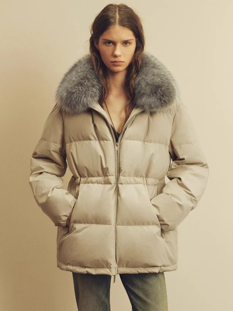 

Natural Fox Fur Hooded Goose Down Jackets for Women 2026 New High-end Simple Stand Collar Loose Fluffy Warmth Winter Down Coat