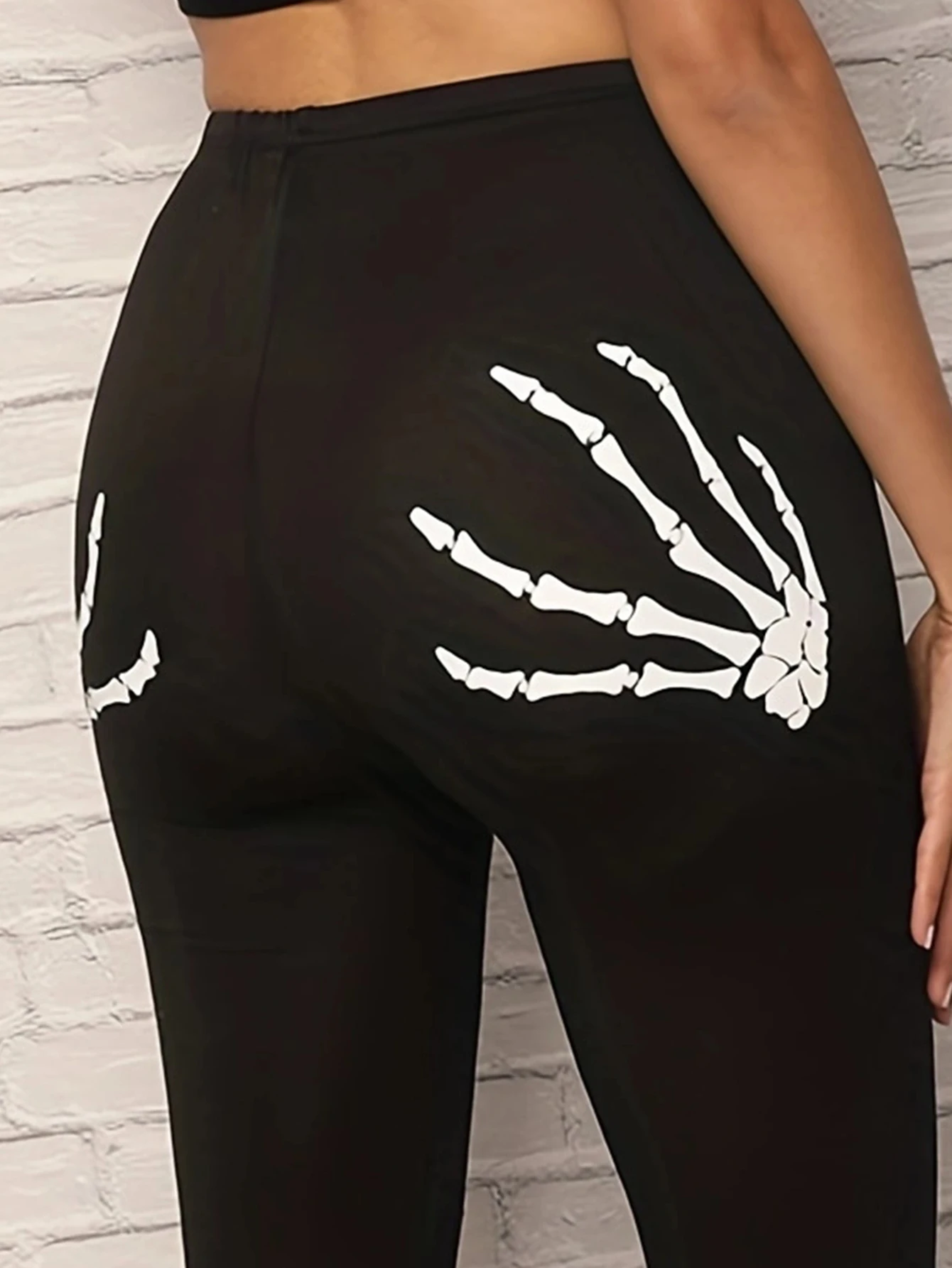 New European-style Ripped Niners Fashion Skull Print Leggings Gothic Style Halloween Print Ripped Little Feet Pants Women