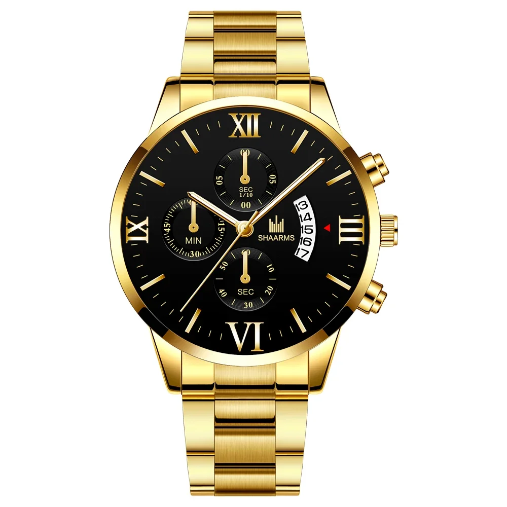 Reloj de cuarzo de lujo para hombre, reloj de acero inoxidable dorado y negro con calendario y fecha, reloj masculino