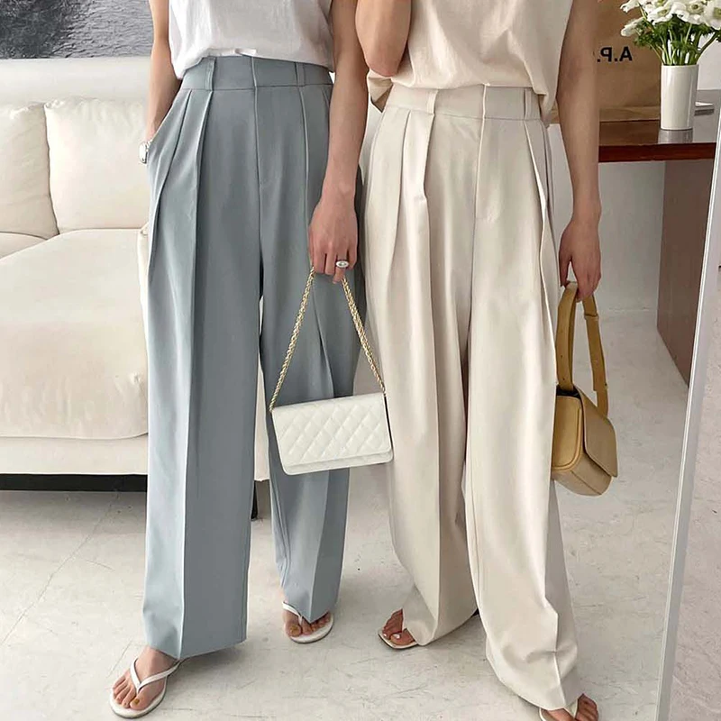 

Clothland Women Fashion Casual Pants Zipper Fly Straight Side Pockets White Blue Basic Trousers Pantalones KA133