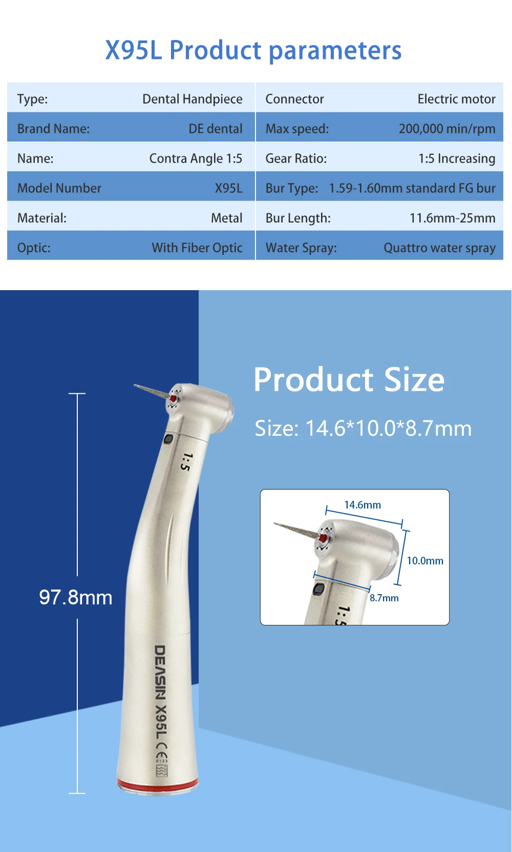 Contra Angle 1:1 1:5 20:1 1:4.2 Dental Handpiece Fiber Optic Low Speed High Speed X95L Style Dental Implant Equipment