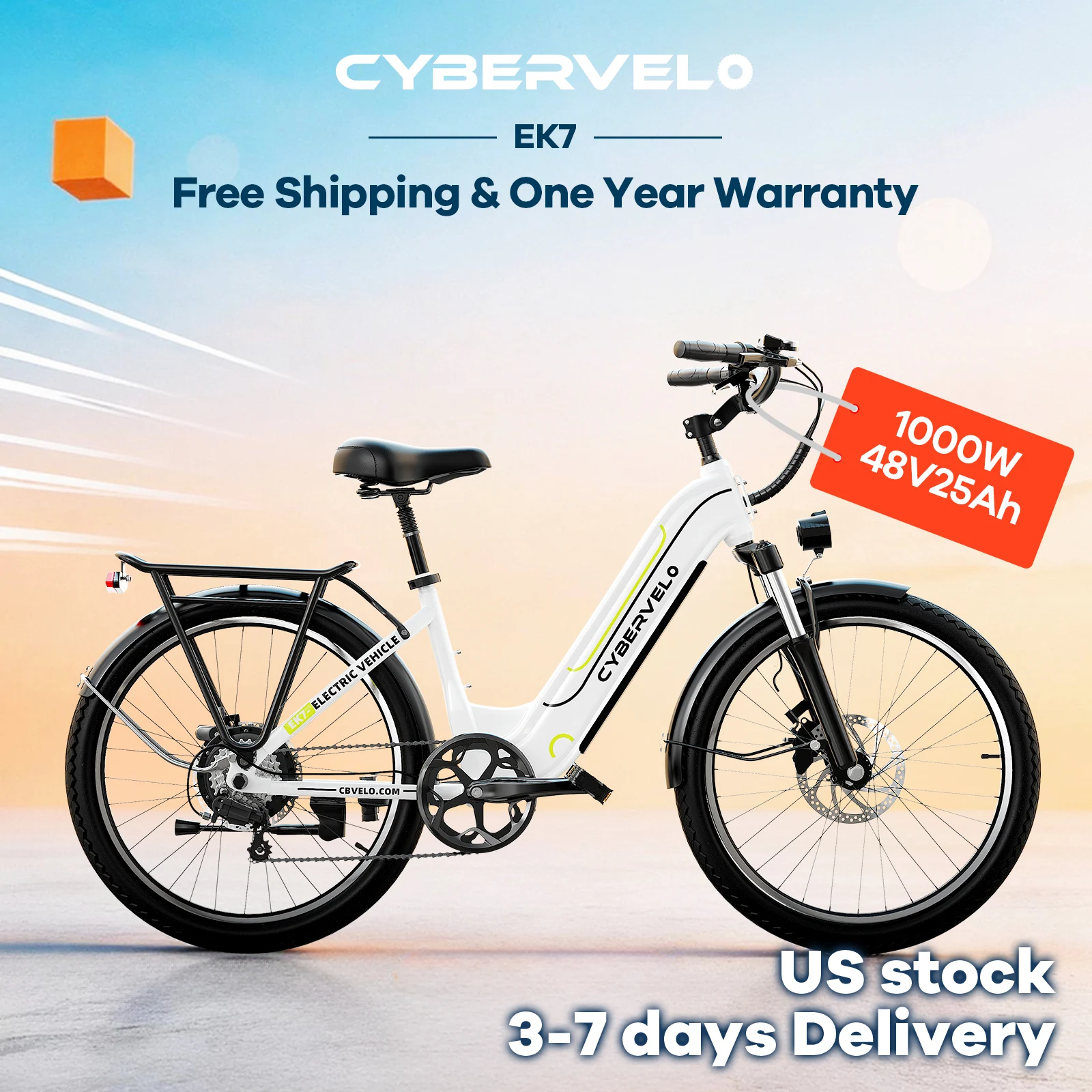 Cybervelo 1000W Adults Electric Bike 26" 7-Speed All Terrain Ebike Removable Large Battery Max 80+ Miles Long Range E Bicycle EK7