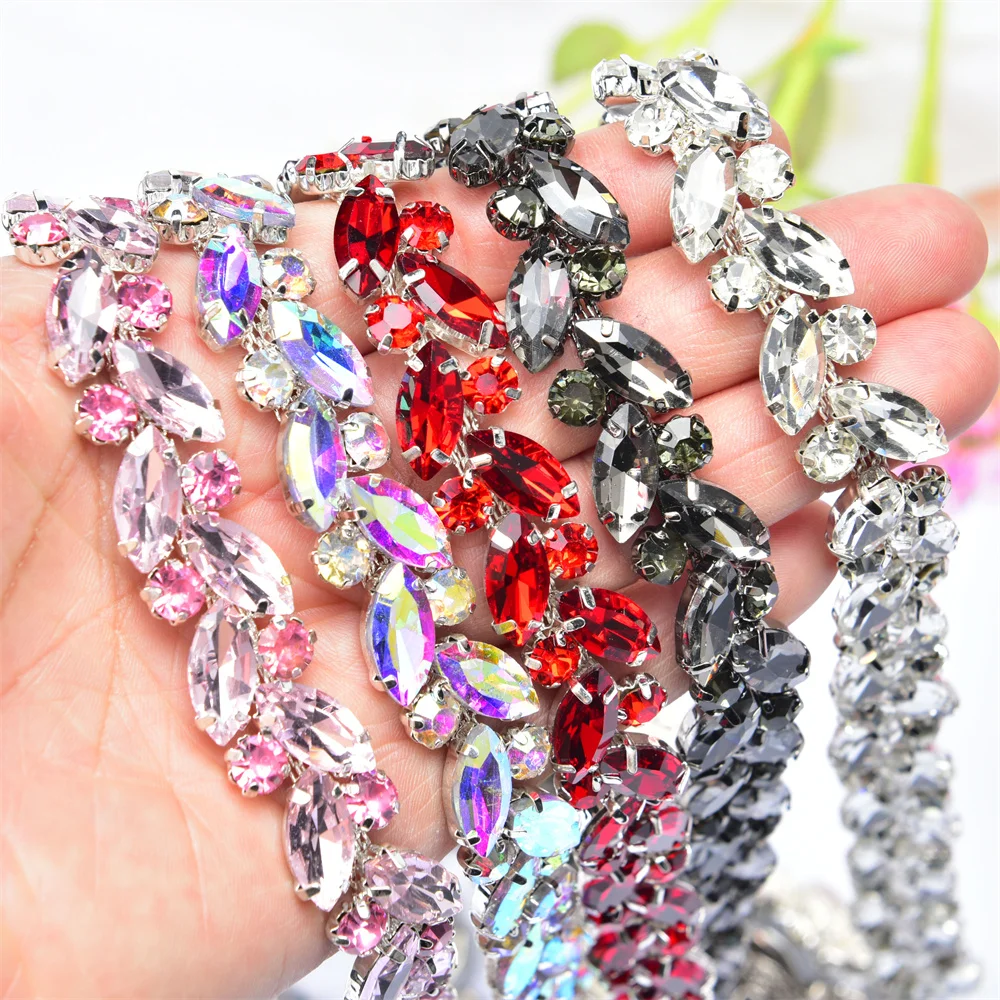 1 Yard Dense Horse Eye Crystal Diamond Applique Chain Glass Rhinestone Trim Sew On Clothing Diy Decorations Jewelry Accessories