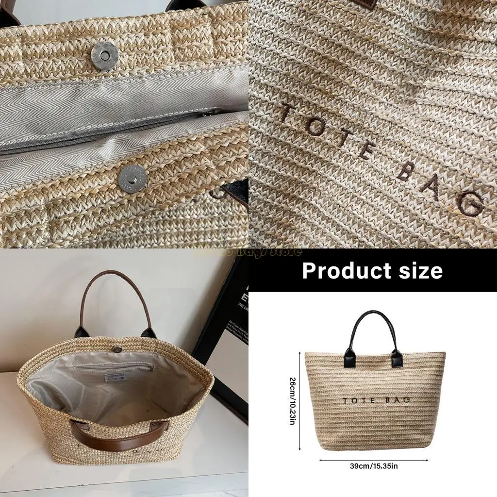 

X90D Women Straw Top Handle Bag Letter Print Handbag Handwoven Beach Bag Large Capacity Commuting Bag for Travel Daily