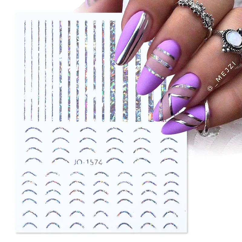 3D Lines Nail Stickers DIY Gold Laser Silver Leaves Wave Stripe Lines Letters Self Adhesive Nail Art Sliders Water Decal Sticker