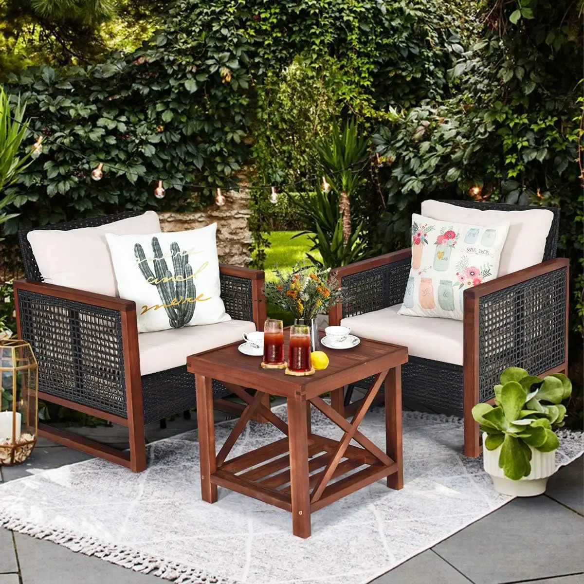 3 Pieces Patio Wicker Furniture Set, Rattan Outdoor Sofa Set w/Washable Cushion & Acacia Wood Coffee Table, Conversation Bistro