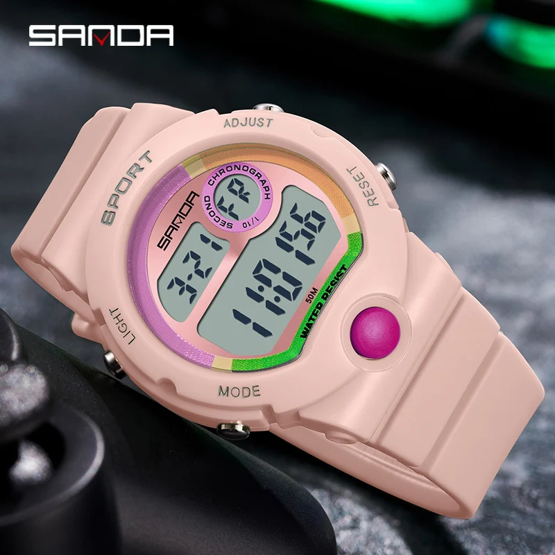 SANDA 6035 Women Lady Wristwatch Waterproof Shockproof Reloj Mujer Back Light Display  Multifunctional LED Digital Watches