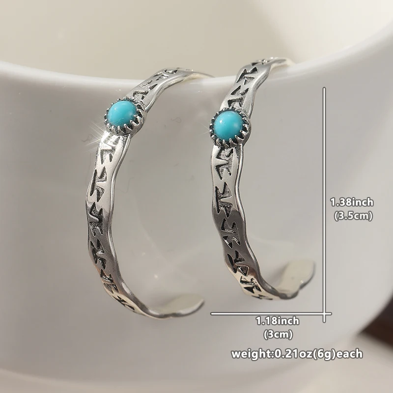 Ethnische Silberfarbene Blaue Stein-Ohrhänger für Damen Metall Handgeschnitzte Geometrische Ohrringe für Party und Alltag – Detail 2