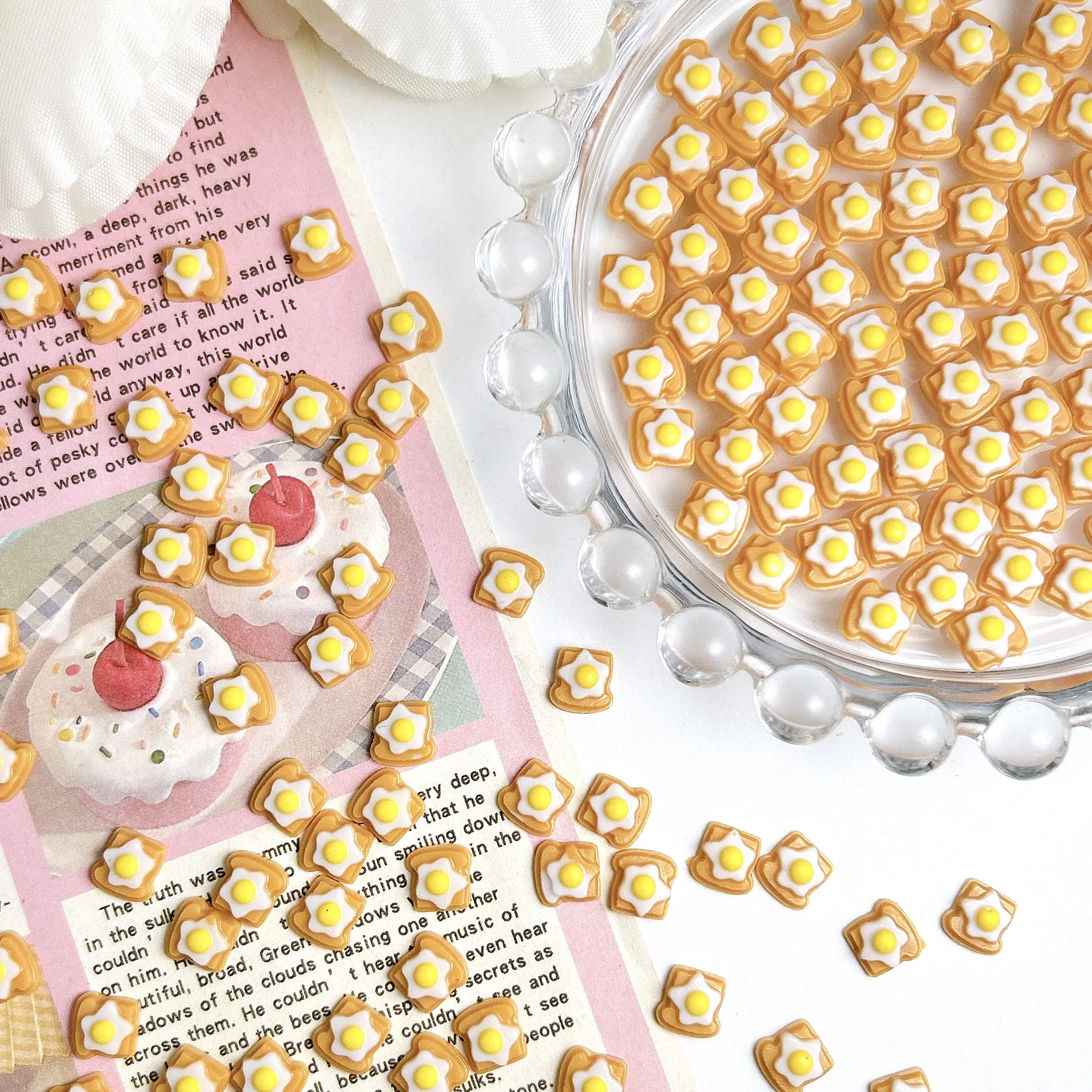 

30PCS 3D Innovative Cute Bread Resin Nail Charms Creative Luminous Simulated Fried Egg Toast Nail Art Decorations for DIY Nails