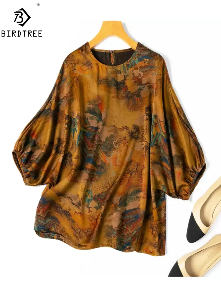 

BirdTree, Watered Gauze Silk Elegant T-Shirts, Women O Neck Lantern Sleeve Printed, Loose Retro Chinese Tops, Summer T45389QM