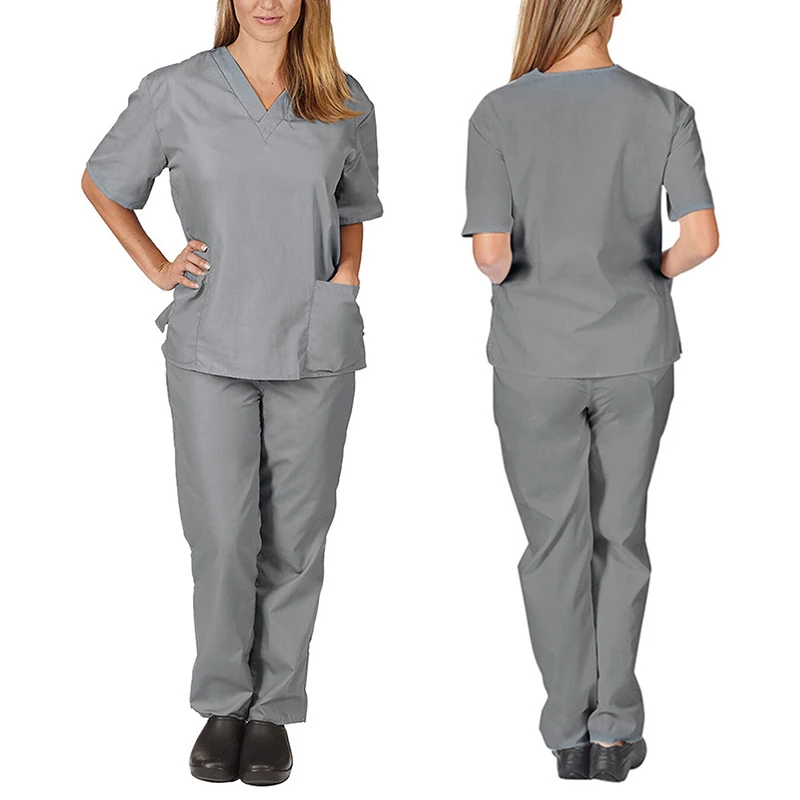 S-2XL 10Colors V-neck Nursing Tops Pants Suit Soft Hand Feeling Casual Solid Short Sleeve Women Working Uniform Set