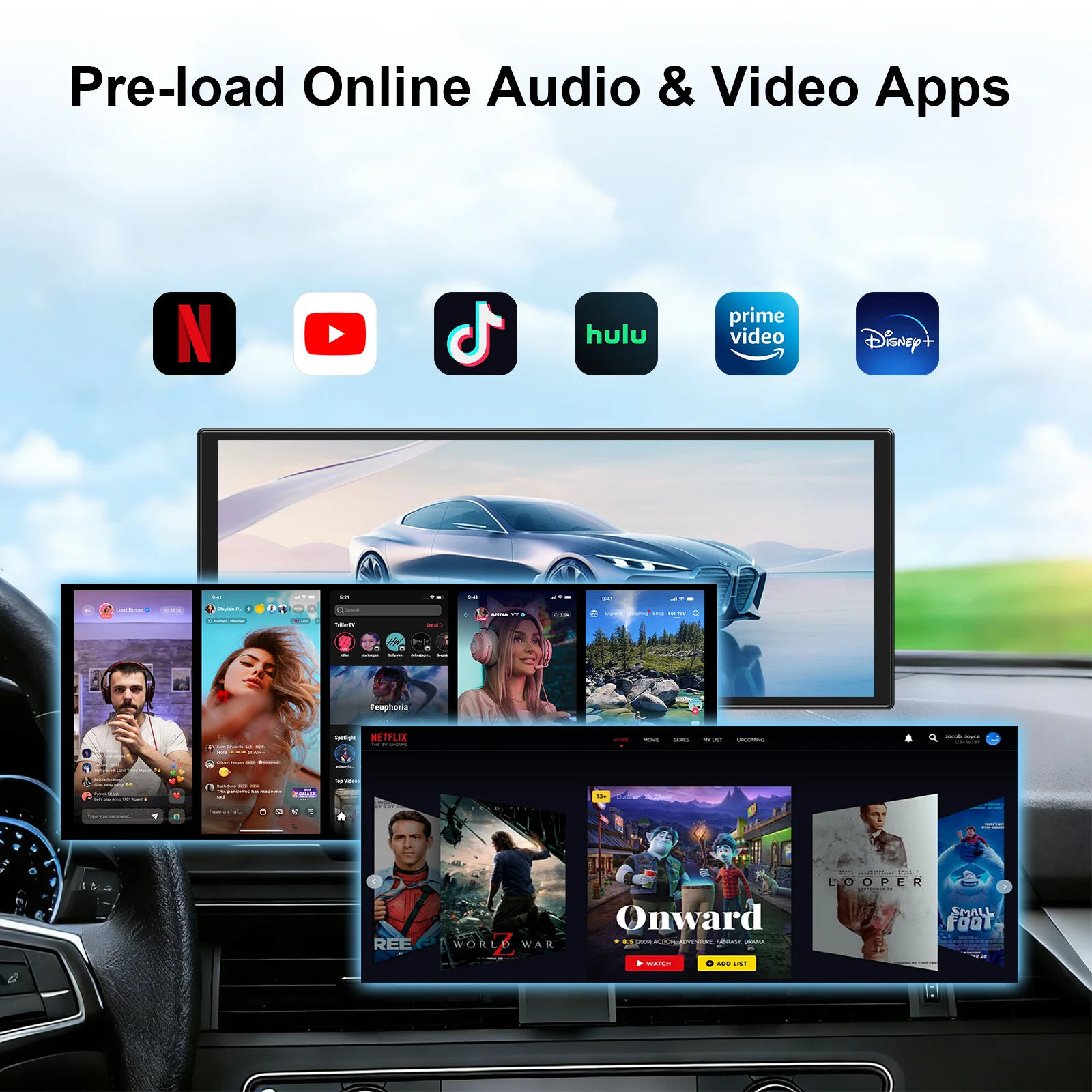 Ezonetronics 11.6'' In-cell Touchscreen Portable Screen with Wireless CarPlay Android Auto Pre-load Online Video and Audio Apps