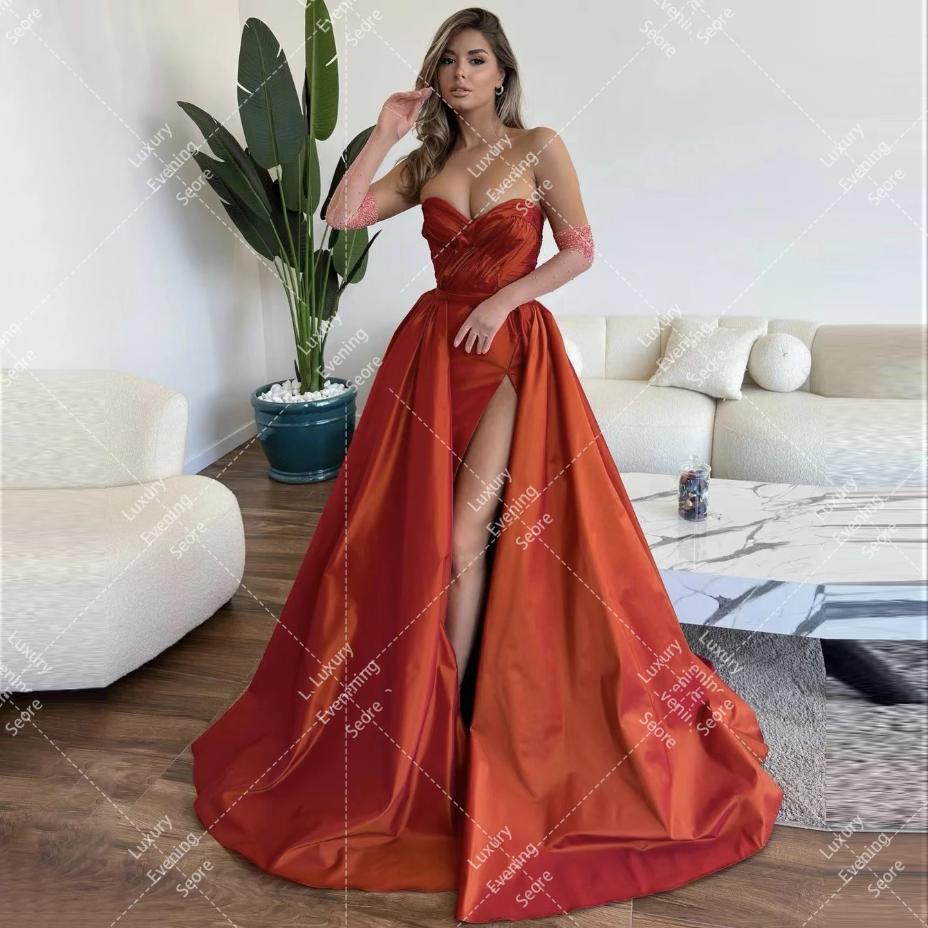 Vestidos de Noche de lujo de Color caramelo para mujer, línea A, Sexy, abertura lateral, plisado, escote Corazón, moda Formal, fiesta de celebridades, vestidos de Graduación