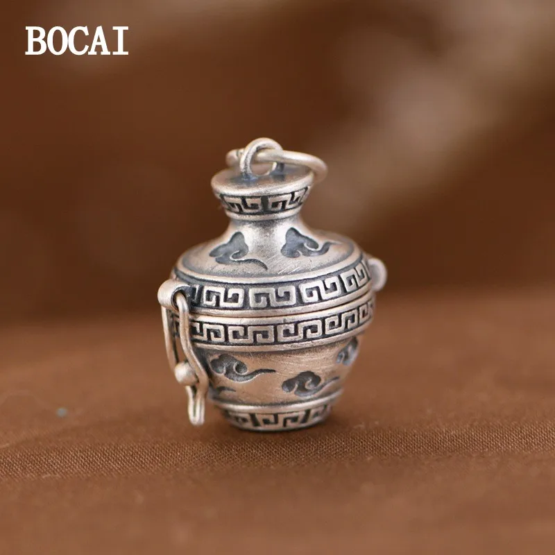 BOCAI  New S925 Silver Retro Simple Compact With The Character \'fu\' Gourd Gawu Box Pendant Male and Female