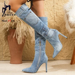 Fashion Women Knee-High Boots 2024 Designer Denim Long Shoes Autumn New Pointed Toe Thin High Heels Side Zip Ladies Boots 36-41